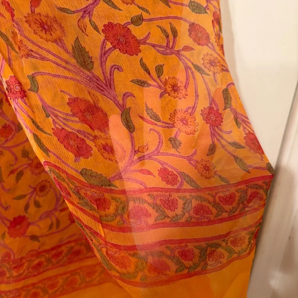 Oversized Floral Silk Chiffon Scarf Orange Red Sheer Wrap Shawl Boho Rustic Fall